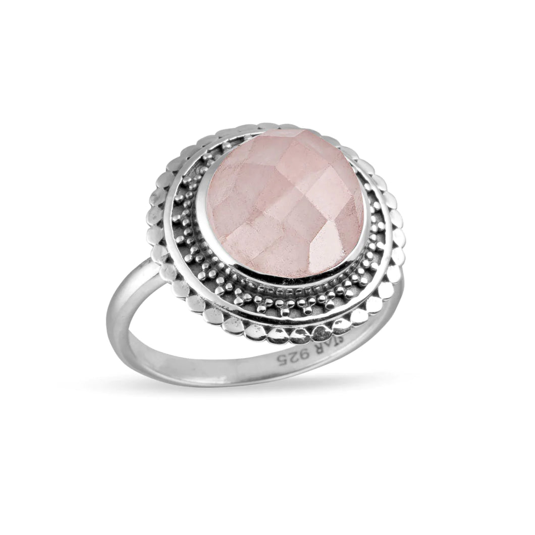 Sterling Silver Rose Quartz Circle Frame Ring