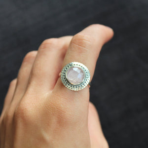 Sterling Silver Rose Quartz Circle Frame Ring