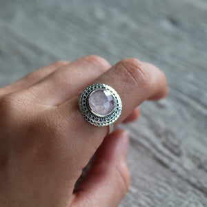 Sterling Silver Rose Quartz Circle Frame Ring