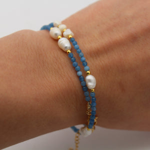 Pearl Blue Gemstone Beaded Gold Necklace