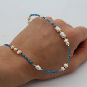 Pearl Blue Gemstone Beaded Gold Necklace